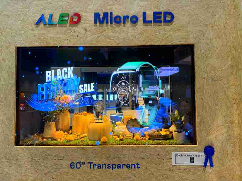 汇旺支付60吋高透明度Micro LED显示器获”最佳Micro LED技术应用奖”，，，将Micro LED面板透明化之设计特性极致发挥，，，，以可扩展性无缝拼接技术打造，，具备600 nits全画面亮度、、大于60%穿透率及超过NTSC 110%的优异广色域表现，，，，可依需求灵活应用于各种场域